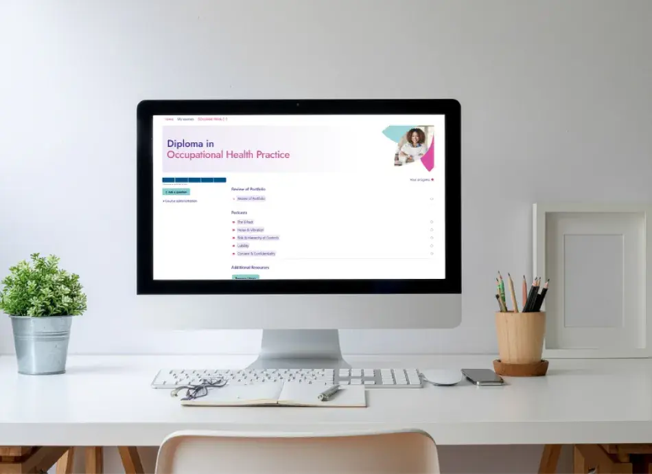 computer monitor on a minimalistic desk showing the DipOHPrac online course