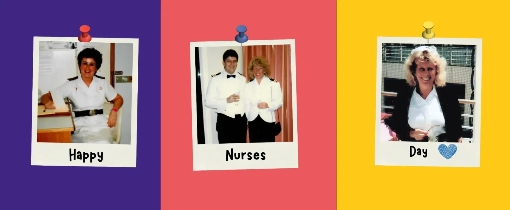 Photographs of three nurses on a multicoloured background
