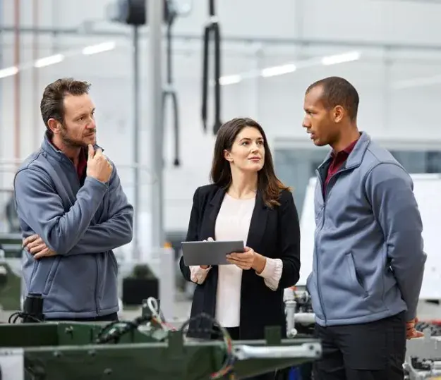 Three professionals having a discussion in a factory